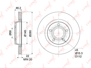 Диск тормозной передний (280x22) LYNXauto BN-1203. Для: Audi, Ауди A4 1.6-3.0 94-08, VW, Фольксваген, Passat(Пассат) 1.6-2.5D 96-05(перед)
Audi, Ауди A8 2.5D-6.0 96-10(зад). Высота, мм- 46,2., фото 3