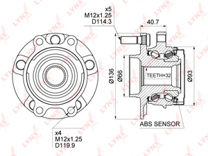 Ступица передняя в сборе с ABS LYNXauto WH-1473. Для: Nissan, Ниссан, Teana(Тиана)(J32) 3.5 08-13 / Murano(Мурано)(Z51) 3.5 08> / Elgrand(E52) 3.5 11>. Количество шлицев, шт. - 32. ABS - P48., фото 4