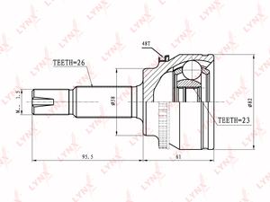 ШРУС наружный  LYNXauto CO-7562A. Для: Toyota, Тойота, Corolla(Корола) 1.4-1.6 02>. Резьба 1 MM22x1,5. 
Шлицы наружные, шт. 26. 
Шлицы внутренние, шт. 23. 
Диаметр под сальник, мм 58., фото 2