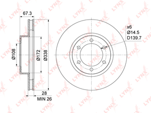 Диск тормозной передний (338x28) LYNXauto BN-1158. Для: Toyota, Тойота, Land Cruiser(ЛэндКрузер) Prado(Прадо)(120 / 150) 2.7-4.0 02>, Lexus, Лексус, GX470 01>.
Центрирующий диаметр, мм- 108,0., фото 3