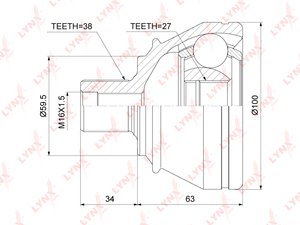 ШРУС наружный LYNXauto CO-3793. Для: Audi, Ауди A6 2.0D-3.2 04-11 / A8 4.2 02-10. Резьба 1 - FM16x1,5. Шлицы наружные, шт. - 38. Шлицы внутренние, шт. - 27., фото 2