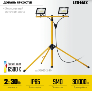 Светодиодные прожекторы на штативе STAYER Led-max 2x30 Вт 56925-2-30, фото 2