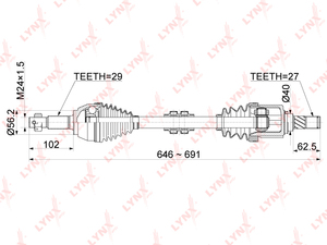 Привод в сборе L LYNXauto CD-1115. Для: Nissan, Ниссан, Teana(Тиана)(J32) 2.5 08>. Резьба 1 - MM24x1,5. Шлицы со стороны колеса, шт. - 29. Шлицы со стороны трансмиссии, шт. - 27., фото 3