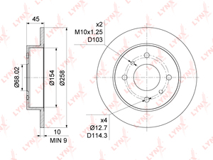 Диск тормозной задний (258x10) LYNXauto BN-1100. Для: Nissan, Ниссан, Almera(Алмера)(N16) 1.5-2.2D 00> / Primera(Примера)(P10/P11) 1.6-2.0D 90-01. Высота, мм- 45,0. 
Центрирующий диаметр, мм- 68,0., фото 3