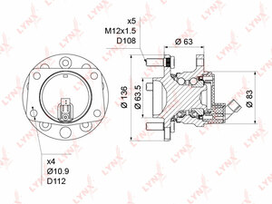 Ступица задняя в сборе с ABS LYNXauto WH-1226. Для: FORD Mondeo III 1.8-3.0 00-07, Jaguar X-Type 2.0-3.0 02-09, фото 1