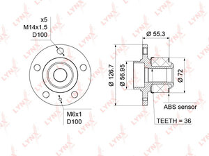 Ступица передняя в сборе (с ABS, ø 72мм) LYNXauto WH-1197. Для: Skoda, Шкода, Fabia(Фабия) I-II 1.0-2.0 >04 / Rapid(Рапид) 1.2-1.6D 12> / Roomster(Румстер) 1.2-1.9D 06>, VW, Фольксваген, Polo(Поло)., фото 4