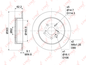 Диск тормозной задний (303x9) LYNXauto BN-1138. Для: Toyota, Тойота, RAV(РАВ) 4 II 1.8-2.4 00-05. Центрирующий диаметр, мм- 62,0. Диаметр отверстий, шпилек / PCD, мм- d 14,7 / PCD 114,3., фото 3