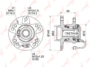 Ступица задняя в сборе LYNXauto WH-1022. Для: Suzuki, Сузуки, SX4 1.6-2.0D 4WD Hungary 06>, Fiat, Фиат, Sedici 1.6-2.0D 4WD 06>. Количество шлицев, шт. - 24. ABS - P40. Крепление 1 - x4 / FM12x1,25., фото 4