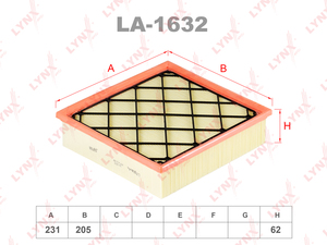 Фильтр воздушный LYNXauto LA-1632. Для: FORD Focus II 2.5T 05> / Kuga 2.5 09> / Mondeo 2.5 07> / S-Max 2.5 06>, VOLVO C30 2.4-2.5T 06-12 / S40 II 2.4-2.5T 04> / S80 II 2.5T 06>, фото 1