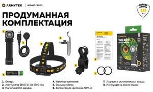 Мультифонарь налобный Armytek Wizard C2 Pro Magnet USB, теплый свет, ABM01, аккумулятор (F08701W), фото 26