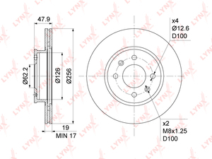 Диск тормозной передний (256x19) LYNXauto BN-1054. Для: Hyundai, Хендай Getz(Гетз) 1.1-1.6 02-10. Высота, мм- 47,9. Центрирующий диаметр, мм- 62,2. Диаметр отверстий, шпилек  PCD, мм- d 12,6 / PCD 100, фото 3