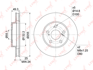 Диск тормозной передний (255x25) LYNXauto BN-1174. Для: TOYOTA Carina E(T19) 1.6-2.0D 92-97 / Caldina(T19/T21) 1.8-2.0D 92-02 / Celica 1.8 93-05, фото 1