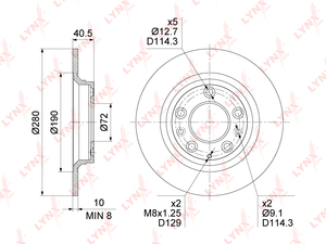 Диск тормозной задний (280x10)  LYNXauto BN-1651. Для: Mazda, Мазда, 6(GG/GH) 02> / 323(BJ) 01-04 / 626(GF) 98-02 / Premacy(CP) 99>. Высота, мм 40,5. 
Наружный диаметр диска, мм 280., фото 3