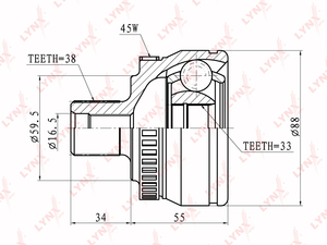 ШРУС наружный  LYNXauto CO-1203A. Для: Audi, Ауди A4 1.6-2.0 00> / 1.8 00-04. Резьба 1 FM16x1,5. 
Шлицы наружные, шт. 38. 
Шлицы внутренние, шт. 33. 
Диаметр под сальник, мм 59,5., фото 2