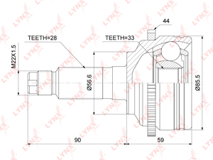 ШРУС наружный LYNXauto CO-3687A. Для: Mazda, Мазда, 6(GG) 1.8-2.3 02-07. Резьба 1 - MM22x1,5. Шлицы наружные, шт. - 28. Шлицы внутренние, шт. - 33., фото 2