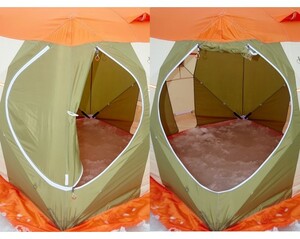 Палатка для зимней рыбалки Митек Нельма Куб-1 (оранжевый-бежевый/хаки) с полом на 3 лунки, фото 6