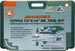 JONNESWAY S04H524127S (S04H524127S18) Набор инструмента универсальный 1/2", 1/4"DR, 127 предметов, фото 4