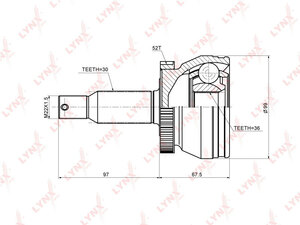 ШРУС наружный  LYNXauto CO-3695A. Для: Hyundai, Хендай Santa Fe(СантаФе)(CM) 2.0D 06>, Kia, Киа, Sorento(Соренто) II 2.0D 09>. Резьба 1 MM22x1,5. 
Шлицы наружные, шт. 30. 
Шлицы внутренние, шт. 36., фото 2