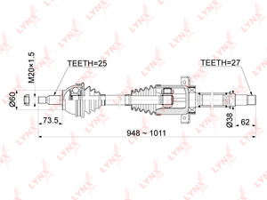 Привод в сборе R  LYNXauto CD-1079. Для: Mercedes-Benz, Мерседес, A150-200(W169) CVT 04-12 / B150-200(W245) CVT 05-11. Длина, мм 948-1011. 
Резьба 1 MM20х1,5., фото 3