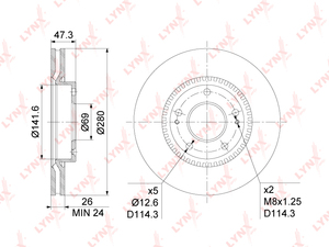 Диск тормозной передний (280x26)  LYNXauto BN-1051. Для: Hyundai, Хендай Sonata(Соната)(NF/ YF)/ Tucson(Туксон)(JM)/ Coupe(Купэ), Kia, Киа,  Sportage(Спортаж)(JE)/ Carens III/ Magentis(Маджентис)(MG)., фото 3