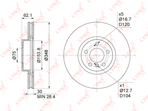 Диск тормозной передний (348x30) LYNXauto BN-1008. Для: Bmw, БМВ, X5(E70/F15) 2.0D-4.8 07> / X6(E71 / 2 / F16) 3.0-4.4 08>. Высота, мм- 62,1.
 Центрирующий диаметр, мм- 75,0., фото 3