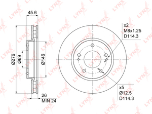 Диск тормозной передний (276x26)  LYNXauto BN-1091. Для: Mitsubishi, Митсубиси, Lancer(Лансер)(CY/CX) 1.5-2.0 08>. Высота, мм 45,6. 
Наружный диаметр диска, мм 276. 
Центрирующий диаметр, мм 69,0., фото 3