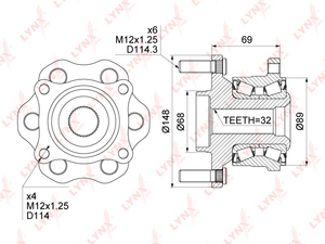 Ступица задняя в сборе LYNXauto WH-1145. Для: Nissan, Ниссан, Pathfinder(R51) 2.5D-4.0 4WD 05>. Количество шлицев, шт. - 32. Крепление 1 - x4 / M12x1,25 / PCD 114. Крепление 2 - x6 / MM12x1,25., фото 4