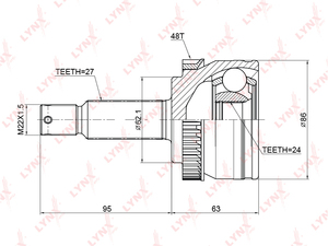 ШРУС наружный LYNXauto CO-3769A. Для: Kia, Киа,  Sportage(Спортаж)(JE) 2.0-2.0D 04>. Резьба 1 - MM22x1,5. Шлицы наружные, шт. - 27. Шлицы внутренние, шт. - 24., фото 2