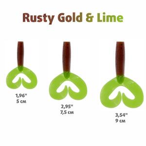 Твистер несъедоб. Credo Double Tail 3,54"/9 см Rusty Gold & Lime 100шт. (HS-28-017-N) Helios, фото 4