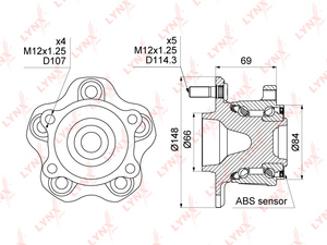 Ступица задняя в сборе с ABS LYNXauto WH-1009. Для: Nissan, Ниссан, Teana(Тиана)(J32) 2.5-3.5 08> / Murano(Мурано)(Z51) 3.5 07> / Presage(U31) 2.5-3.5 03>. ABS - P48. Крепление 1 - x4 / FM12x1,25., фото 4