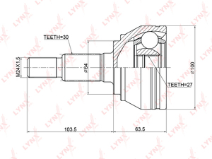 ШРУС наружный LYNXauto CO-3763. Для: VW, Фольксваген, Touareg(Таурег)(7L_) 3.0D-6.0 02-10, Audi, Ауди Q7 3.0D-4.2 06>. Резьба 1 - MM24x1,5. Шлицы наружные, шт. - 30. Шлицы внутренние, шт. - 27., фото 2