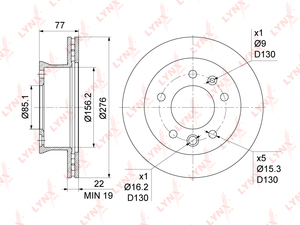 Диск тормозной передний (276x22) LYNXauto BN-1079. Для: Mercedes-Benz, Мерседес, Sprinter(Спринтер) 2.2D-3.5D 95-06. Высота, мм- 77,0. Центрирующий диаметр, мм- 85,1., фото 3