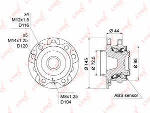 Ступица передняя в сборе с ABS LYNXauto WH-1312. Для: BMW 5(F10 / 11) 2.0-5.0 09> / 5GT(F07) 2.0-5.0 09> / 6(F12 / 3) 4.0-5.0 10> / 7(F01) 3.0-6.0 08> / X3(F25) 2.0-2.0D 11>, фото 1