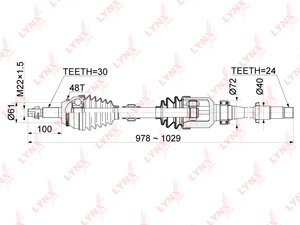 Привод в сборе R  LYNXauto CD-1151A. Для: Toyota, Тойота, Camry(Камри)(V50) 3.5 11>, Lexus, Лексус, ES350 15>. Длина, мм 978-1029. 
Резьба 1 MM22x1,5., фото 3