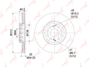 Диск тормозной передний (312x25) LYNXauto BN-1207. Для: Audi, Ауди A4 1.6-3.0 00-08 / A6 1.8-4.2 97-05, Skoda, Шкода, Superb(Суперб)(3U) 1.9D-2.8 01-08, VW, Фольксваген, Passat(Пассат) 1.8-2.8 96-05., фото 3