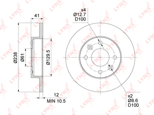 Диск тормозной передний (238x12) LYNXauto BN-1417. Для: Lada, Лада, Largus(Ларгус) 12>, Renaul, Рено, Clio(Клио) 90-04 / Logan(Логан) I 04> / Megane(Меган) I / Sandero(Сандеро)/ Symbol / Twingo., фото 3