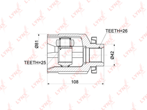 ШРУС внутренний R LYNXauto CI-3770. Для: Hyundai, Хендай Tucson(Туксон)(JM) 2.0-2.0D 04-12. Шлицы наружные, шт. - 26. Шлицы внутренние, шт. - 25., фото 2