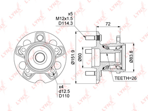 Ступица задняя в сборе LYNXauto WH-1352. Для: LEXUS RX300-400h 4WD 03-08, TOYOTA Highlander I 2.4-3.3 4WD 03-07 / Venza 2.7-3.5 4WD 08>, фото 1