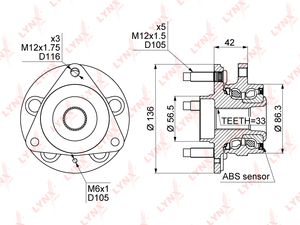 Ступица передняя в сборе (с ABS, ø 136мм) LYNXauto WH-1100. Для: CHEVROLET Шевроле Cruze(Круз) 1.6-2.0D 09>, OPEL Опель Astra(Астра) J 1.3D-1.6 09>, фото 1