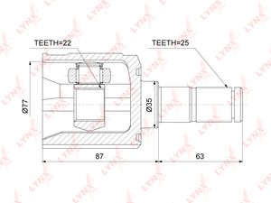 ШРУС внутренний  LYNXauto CI-3751. Для: Hyundai, Хендай Accent(Акцент)(X3/LC/MC) 1.3-1.6 94-10 / Getz(Гетз) 1.3-1.6 03-10. Шлицы наружные, шт. 25. 
Шлицы внутренние, шт. 22., фото 2