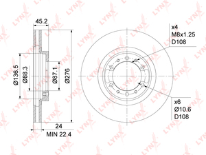 Диск тормозной передний (276x24) LYNXauto BN-1088. Для: MITSUBISHI Митсубиси Pajero(Паджеро) II 2.4-3.5 90-00 / III 2.5D 00-06 / Pajero Sport(ПаджероСпорт) I 2.5D-3.2D 98> / L200(K6/K7) 2.4-3.0 96-07, фото 1