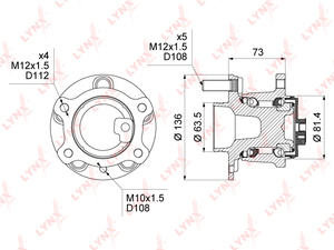 Ступица задняя в сборе с ABS LYNXauto WH-1014. Для: FORD ФОРД Mondeo(Мондео) IV 1.6T-2.5 07>, фото 1