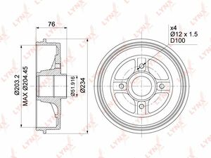Барабан тормозной (203x50,5)  LYNXauto BM-1003. Для: Renaul, Рено, Logan(Логан) I 1.4-1.6 04> / Sandero(Сандеро) 1.6 07> / Clio(Клио) II 1.2-1.9D 98> / Megane(Меган) I 1.4-2.0 96-03., фото 2