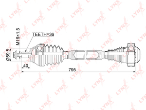 Привод в сборе R  LYNXauto CD-1139. Для: Skoda, Шкода, Octavia(Октавия)(1Z/5E) 1.4-1.8 09>, VW, Фольксваген, Golf(Гольф) VI-VII 1.4-1.8 09>. Длина, мм 795. 
Резьба 1 FM16x1,5., фото 3
