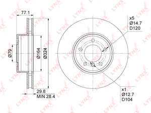 Диск тормозной передний (324x30) LYNXauto BN-1004. Для: Bmw, БМВ, 5(E60/61) 2.0-3.0 04-10 / 6(E63 / 4) 3.0 04-10. Центрирующий диаметр, мм- 79,0. Диаметр отверстий, шпилек / PCD, мм: d 14,7 / PCD 120., фото 3