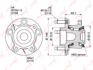 Ступица задняя в сборе (с ABS, ø 146мм) LYNXauto WH-1116. Для: CHEVROLET Cruze 1.6-2.0D 09>, OPEL Astra J 1.3D-1.6 09> / Zafira C 1.4-2.0D 11>, фото 1