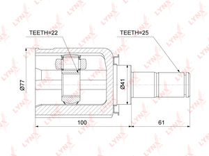 ШРУС внутренний  LYNXauto CI-3743. Для: Kia, Киа, Ceed(Сид)(ED) 1.4-1.6 08>. Шлицы наружные, шт. 25. 
Шлицы внутренние, шт. 22. 
Диаметр под сальник, мм 41. 
Длина 1, мм 61. 
Длина 2, мм 100., фото 2