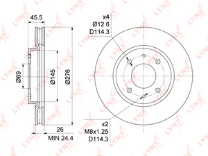Диск тормозной передний (276x26)  LYNXauto BN-1092. Для: Mitsubishi, Митсубиси, Lancer(Лансер)(CS) 1.3-2.0 03> / Galant(Галант) VI 2.0-2.5 96-04. Высота, мм 45,5., фото 3