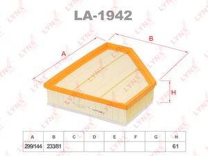 Фильтр воздушный LYNXauto LA-1942. Для: BMW 1(E81/E87) 2.0D 03-12 / 3(E90) 2.0D-3.0D 98-11 / X1(E84) 2.0D 09-15, фото 1