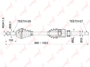 Привод в сборе передний R  LYNXauto CD-1124. Для: Nissan, Ниссан, X-Trail(Икс-Траил)(T31) 2.5 CVT 07-15. Длина, мм 968-1023. 
Резьба 1 MM24х1,5., фото 3